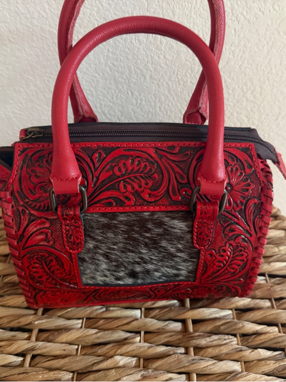 Red Tooled Leather Satchel with Hair-On Hide Accent
